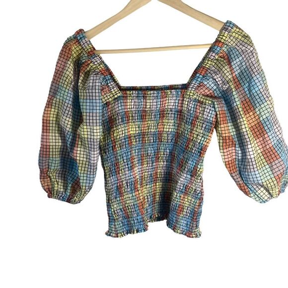 Ganni Windowpane Gingham Multi Striped Smocked Top Puff Sleeves Sz 36/US… - Picture 3 of 11